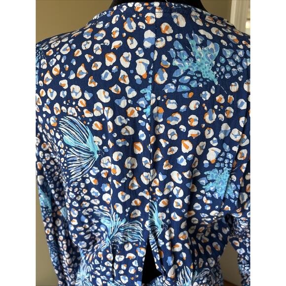 Poupette St Barth Flowy Floral Maxi Dress Blue Sz M Deep Slits LLona Long Sleeve - Picture 8 of 16